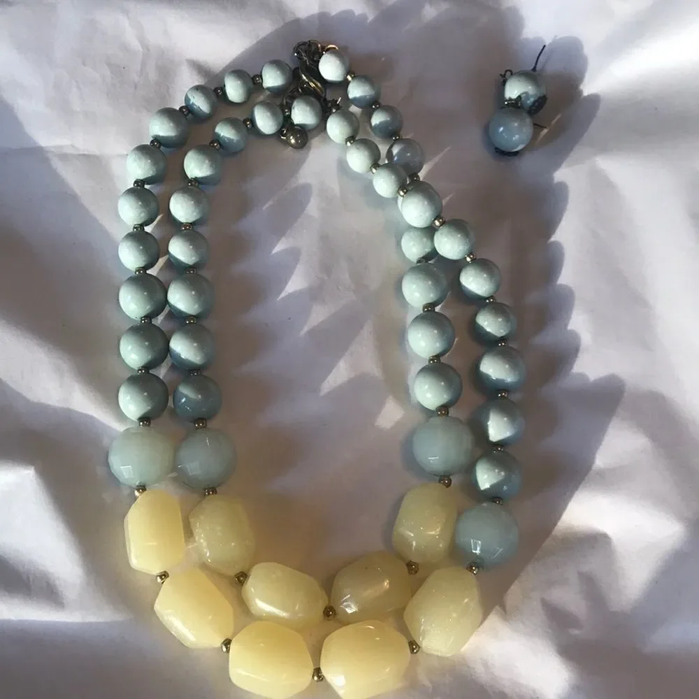 Yellow and Light Blue Beaded Necklace & Earrings!!